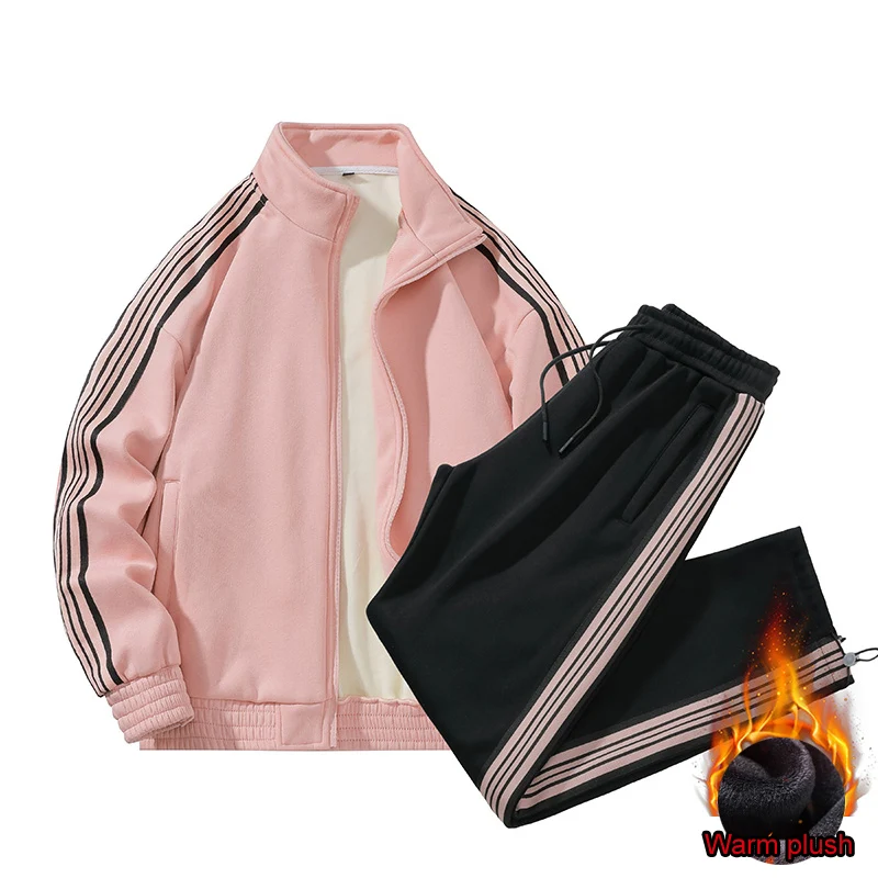 2024 Women Sets Fashion Sporting Tracksuit Winter Zipper Jackets+Pants Suits 2 Pieces Sets Women Warm Plush Sportswear Size 4XL