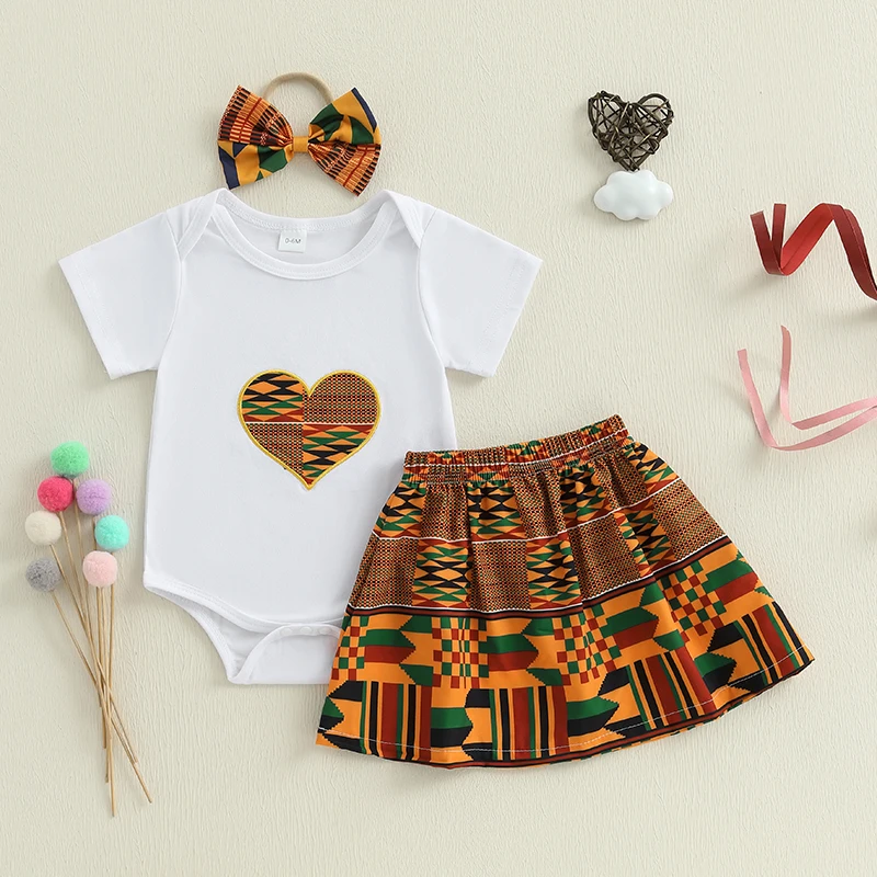 

0-24Months Infant Baby Girl Summer Outfits Short Sleeve Heart Print Romper + Skirt + Headband Set African Clothes