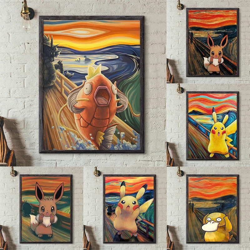 Vintage Pokemon The Scream Poster Pikachu Eevee Magikarp Psyduck Poster Wall Art Prints Bedroom Decor Mural Picture