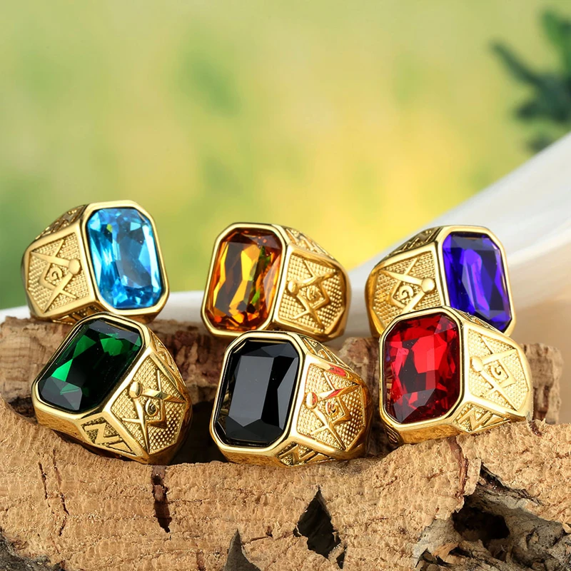 Punk Charm Blue Green Black Red Stone Rings for Men Women Retro Masonic Letter G Stainless Steel Ring Jewelry Gift Wholesale