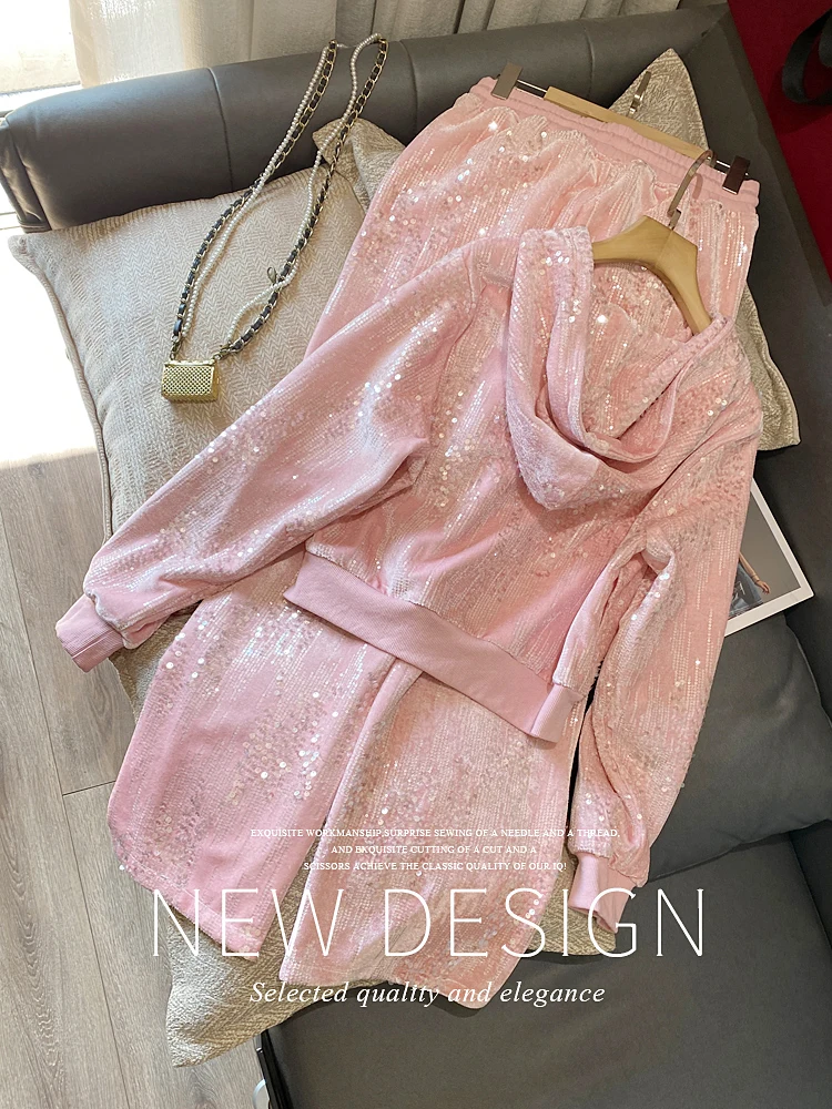 Pink Suit for Women Hooded Sequined Zipper Zip Up Hoodies Female Sweatshirts 2024 Spring New Fashion High Waist Wide Leg Pants