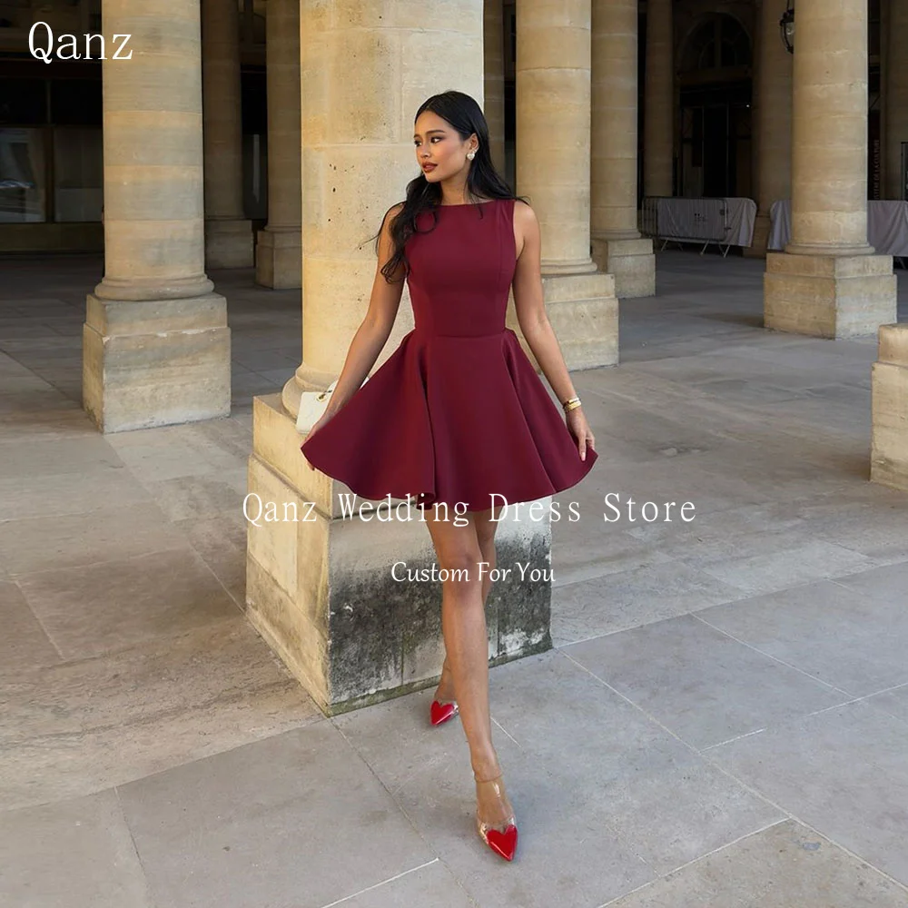 Qanz Elegant Burgundy Satin Prom Dresses Short A Line Backless Dress Women Elegant Party Mini Gala Jurken Dames Customized