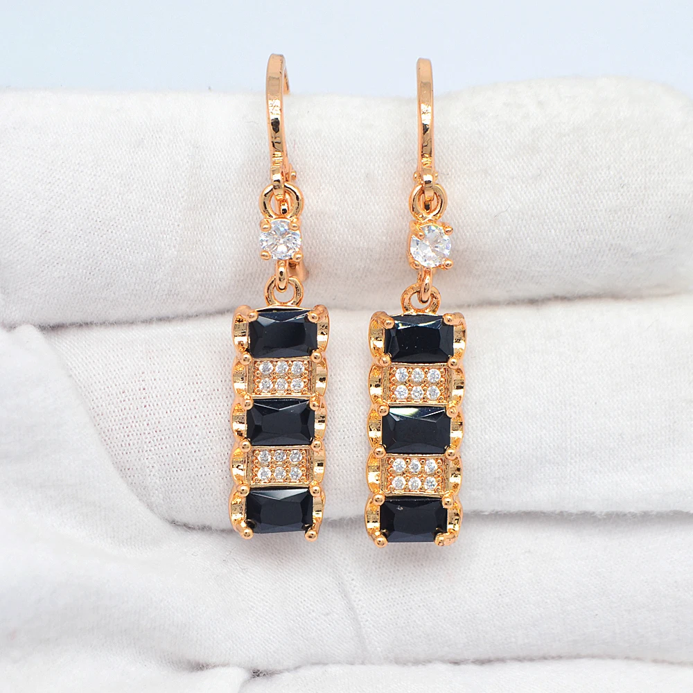 High Quality Gold Color Women Fashion Lake Blue CZ Geometric Rectangle Dangle Earrings Jewelry