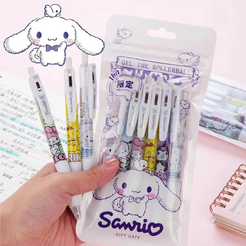 6Pcs Kawaii Hellokitty Sanrio Neutral Pen Cute Cartoon Cinnamoroll Kuromi Student School Supplies Stationery Black Carbon Gifts