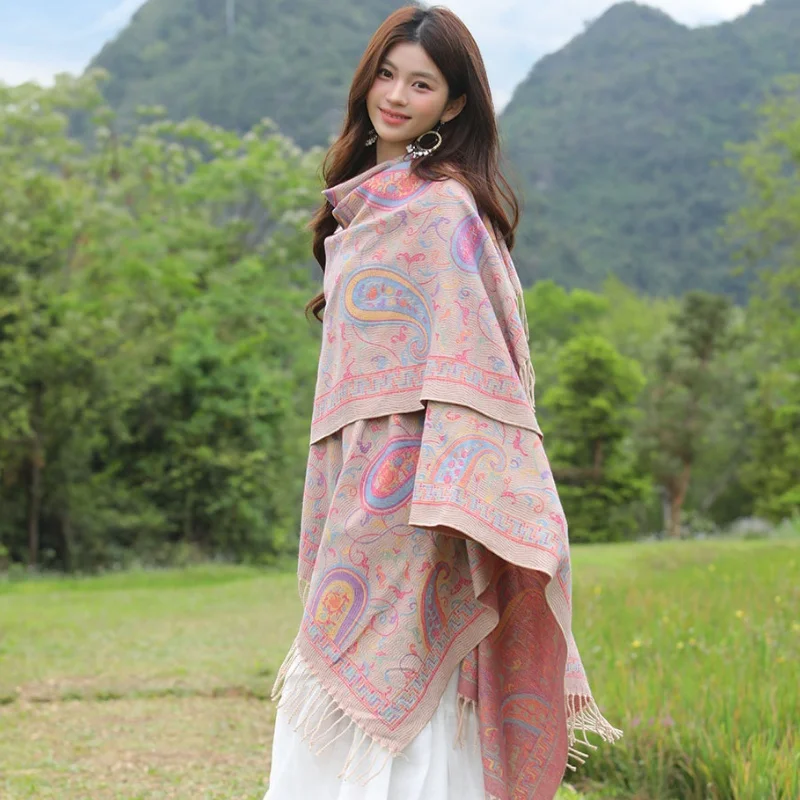 New Paisley Cashew Jacquard Long Tassel Slit Shawl For Women's Travel Warmth Ethnic Style Shawl