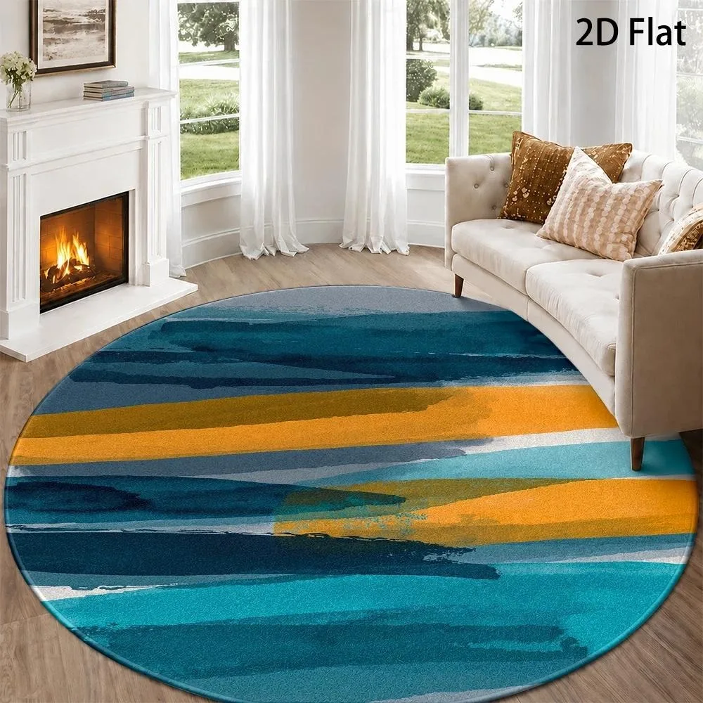 Teal Orange Brush Stroke Abstract Round Rug Modern Watercolor Layered Paint Texture Print Circular Floor Mat for Living Room