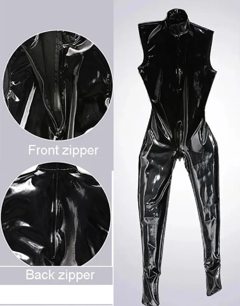 

Faux Leather Jumpsuits Artificial Latex Clothing Lackey Mens Sleeveless Catsuit Club Wear Bodysuit Cosplay Muscle Butler Tights