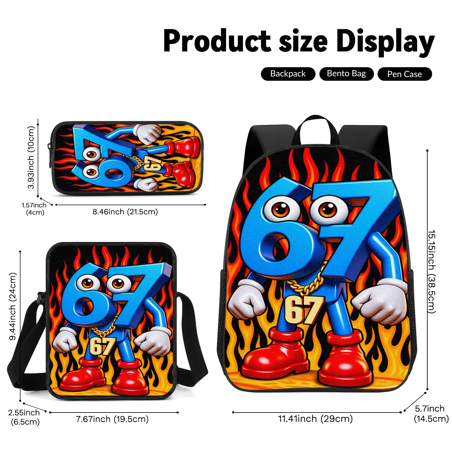 3pcs Blue Six Seven Cartoon Flame Print Backpack Set With Crossbody Bento Bag And Pencil Case For Daily Travel Outdoor Camping