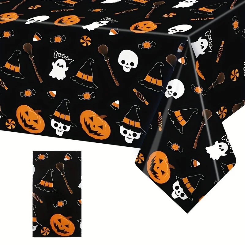 1pc, Halloween Ghost Pumpkin Tablecloth, 86.61 X 51.18inch, Black Background Ghost Pumpkin Skeleton Pattern Disposable Plastic T