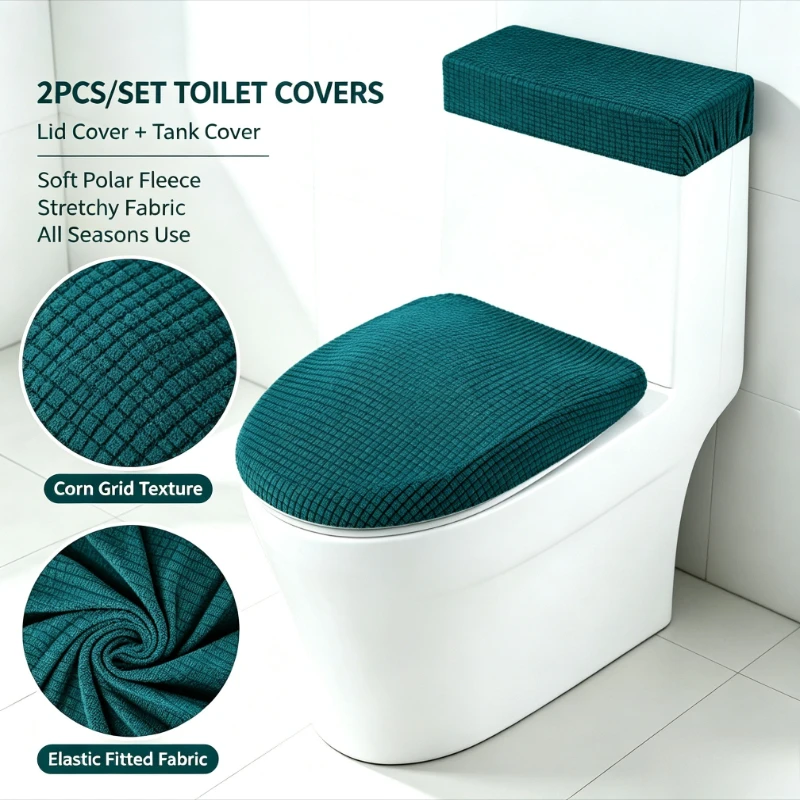 2Pcs/set Polar Fleece Toilet Lid Cover and Toilet Tank Cover Elastic Toilet Covers Removable Solid Color for Home Hotel Bathroom