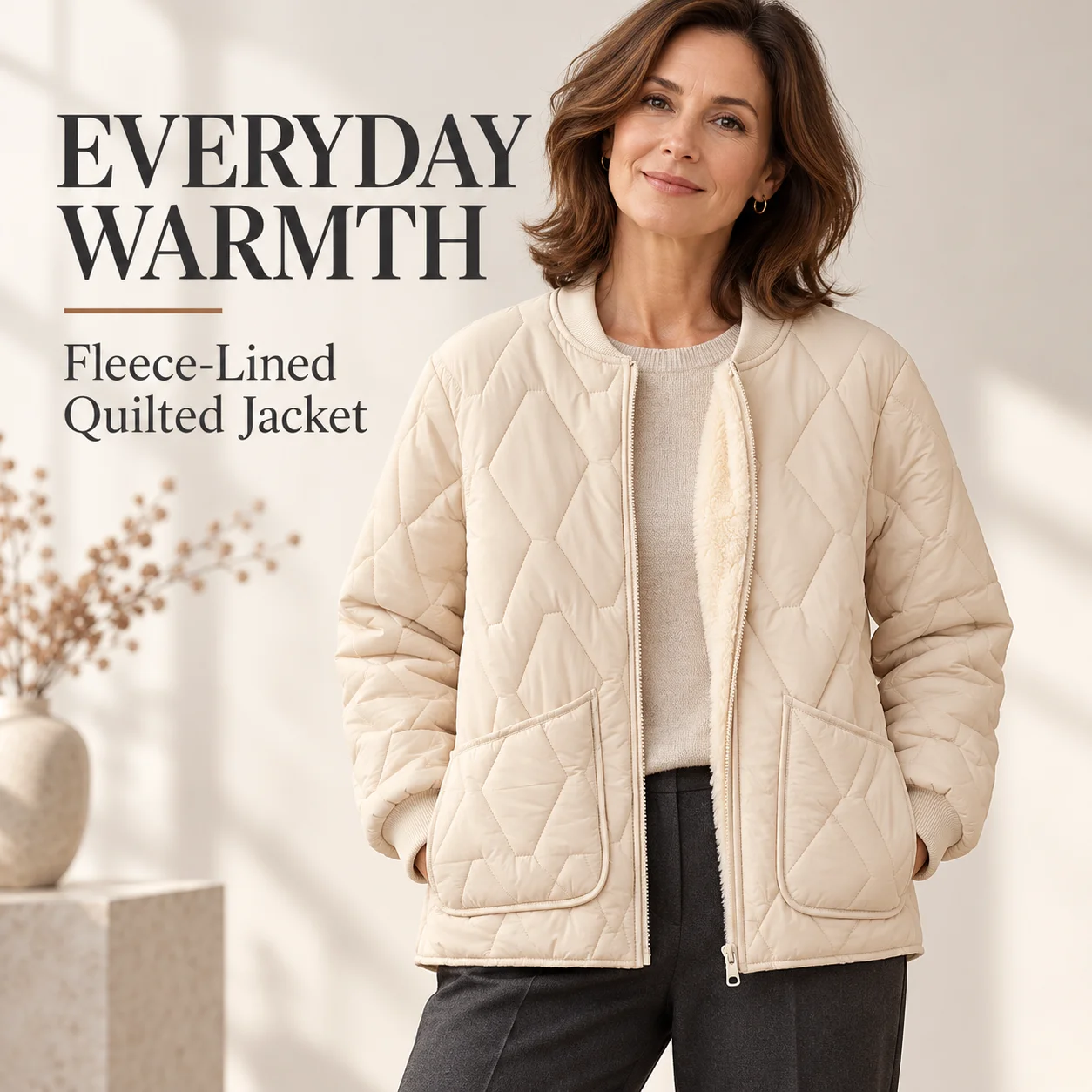Women's Fleece Lined Quilted Jacket Zip Up Short Coat with Pockets Casual Warm Autumn Winter Outerwear