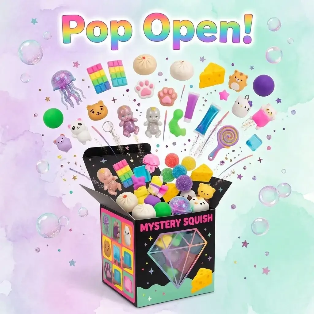 Caja Sorpresa Misteriosa de Vinilo Suave y Adorable, Contiene Barra de Mantequilla Arcoíris, Daifuku de Fresa Gigante, Maíz Dulce y Bollo Vaporizado Brillante, Juguetes Antiestrés con Diversión Sorpresa Aleatoria