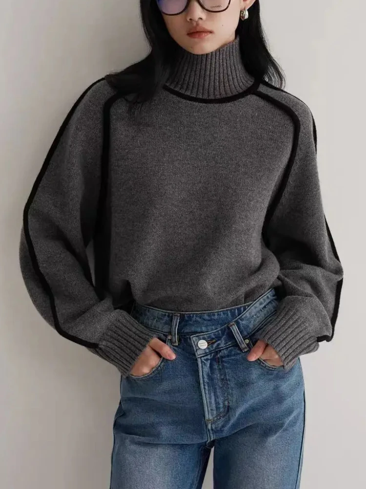 Winter New Korean Review Pullover Women\'s Elegant Color Block High Neck Loose Solid Knitted Long Sleeve Warm Pullover Top Jumper