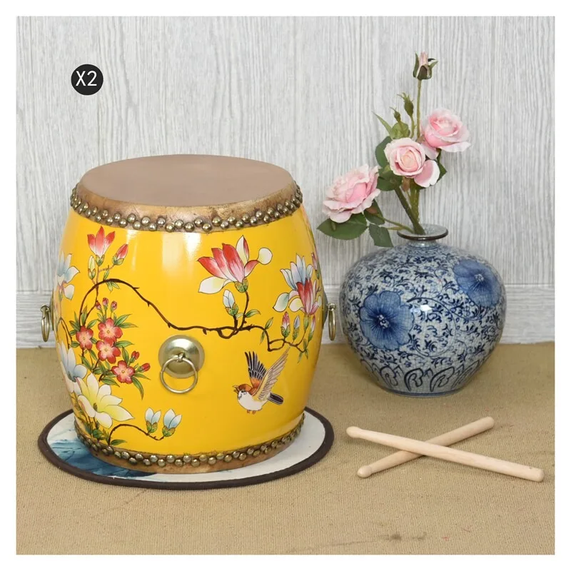 Chinese solid wood cowhide drum stool painted embroidered pier stool classical famous ethnic style round stool