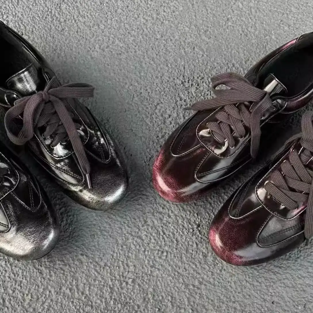 

2026 New Wedge Heel GAT Sneakers, Ombre Black/Pink/Silver Patina Leather Lace-Up Shoes