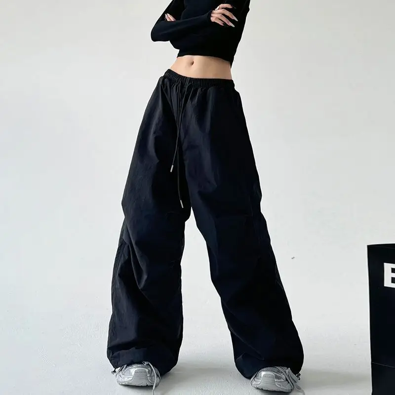 Women's Brown Parachute Pants 2026 Summer New Loose Straight Wide Leg Trousers Casual Quick Dry Cargo Pants Streetwear