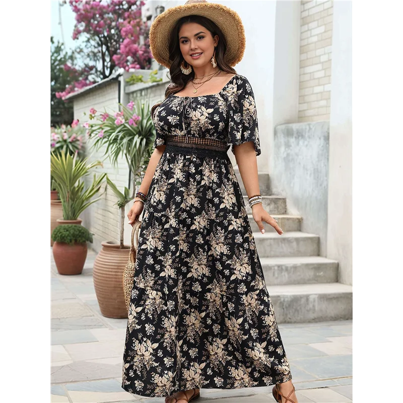 ASDS-robe florale à manches courtes pour femmes, col carré, dentelle, œillet découpé, Vintage Boho Maxi longue 2025