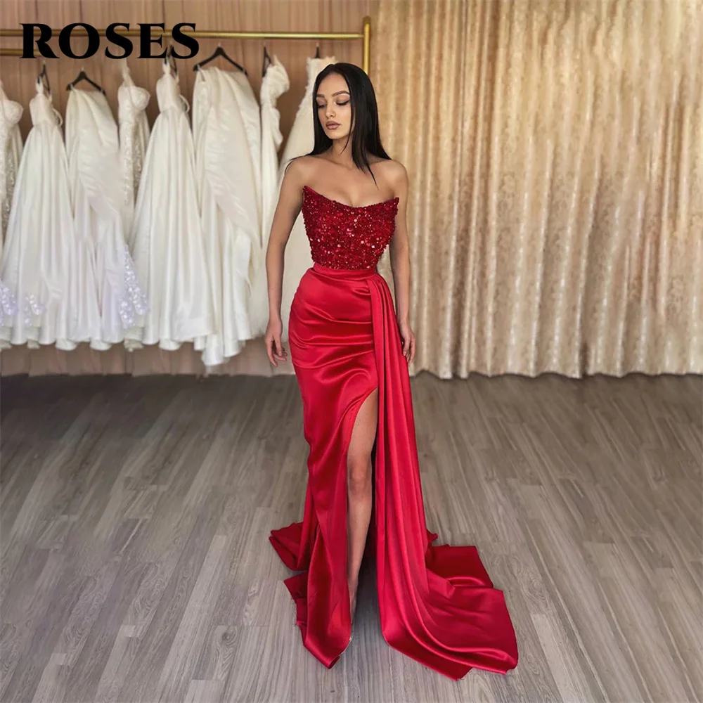 

ROSES Strapless Glitter Party Dresses Sleeveless Sexy Red Prom Dresses Side Split vestidos de noche Stain Mermaid Formal Dresses