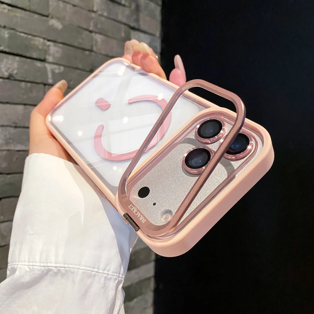 Luxury Bracket Transparent Phone Case For iPhone 17 15 16 14 13 12 Pro Max With Holder Camera Lens Protector Shockproof Cover