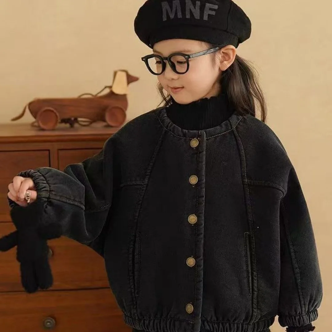 

Girls' Retro Denim Jacket Spring And Autumn Style Jacket Round Neck Western-style Top Denim Jacket