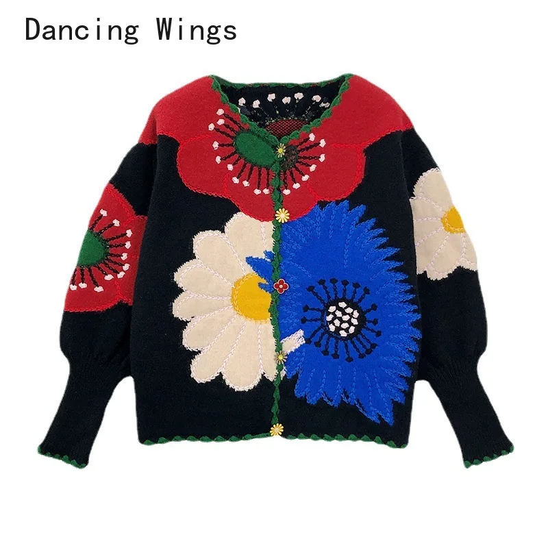 Flower Embroidery Sweater Women Autumn Winter Black Cardigan Knit Jumper Casual Warm Jacquard Top Jumpers