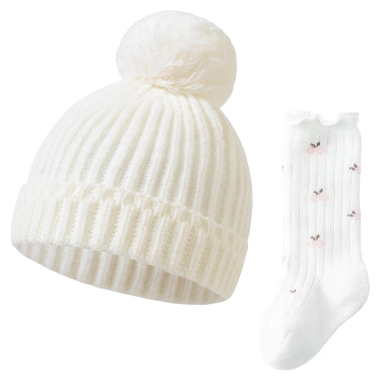 

2pcs Baby Beanie Hat Baby Girl Long Socks Set Infant Newborn Toddler Winter Warm Knit Cap for Little Girls Windproof Pom Pom Hat