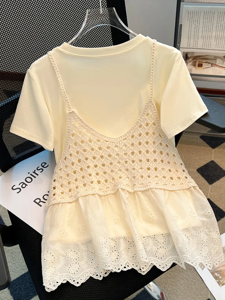 ชุดเซ็ตสองชิ้น เสื้อกล้ามสายเดี่ยวผ้าฝ้ายแท้ แต่งลูกไม้ฉลุลาย สไตล์เกาหลี ทรงหลวม