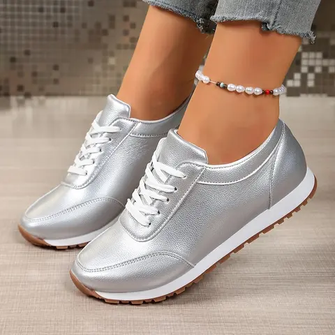 Gold Silver Women Sneakers Spring Autumn Soft Sole Women's Leather Sneakers Luxury Girls Walking Shoes Flats Vulcanized Shoes