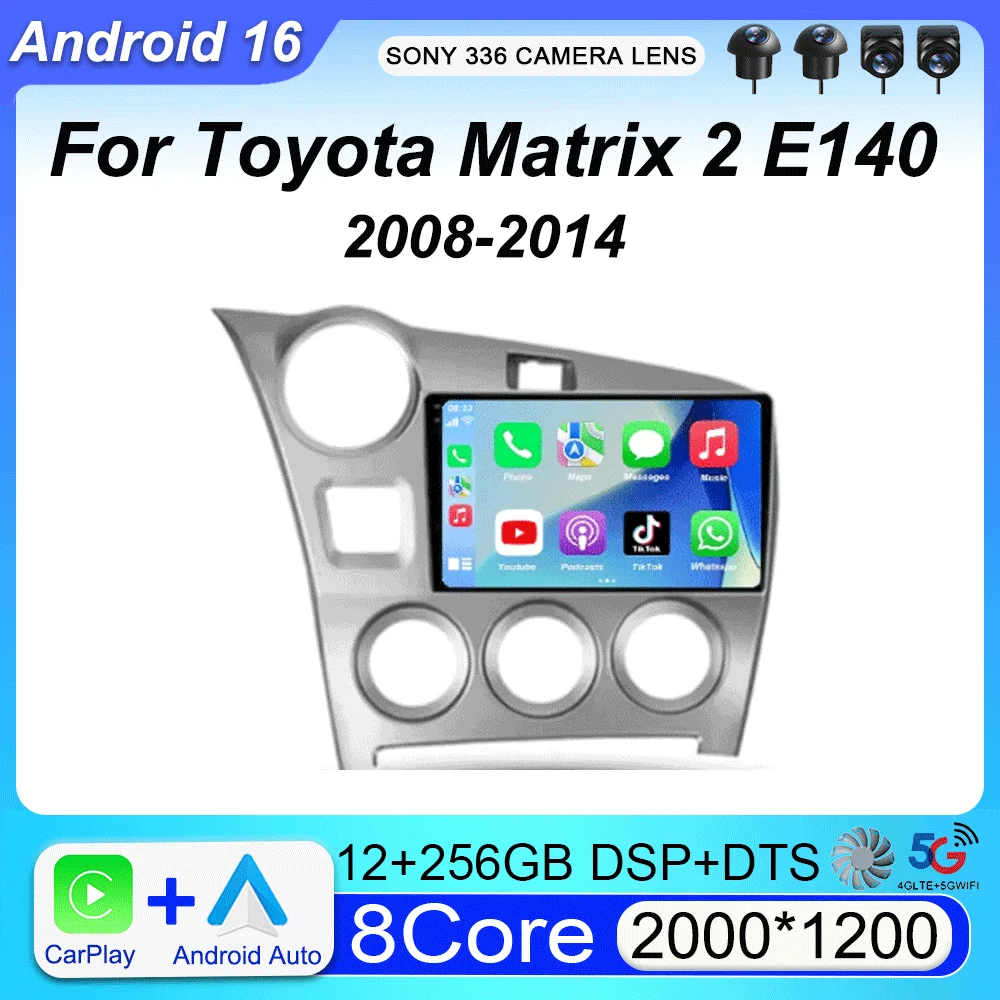 Radio para Auto con Carplay y Android 16 para Toyota Matrix 2 E140 2008 2009 2010 2011 2012 2013 2014, Reproductor Multimedia, Navegación GPS