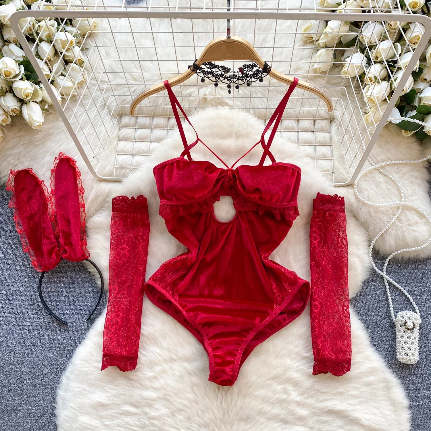 Women Lace Patchwork Velour Strappy Catsuits Fashion One Piece Combination Rompers Erotic Fashion Sexy Bunny Bodysuits Cosplay