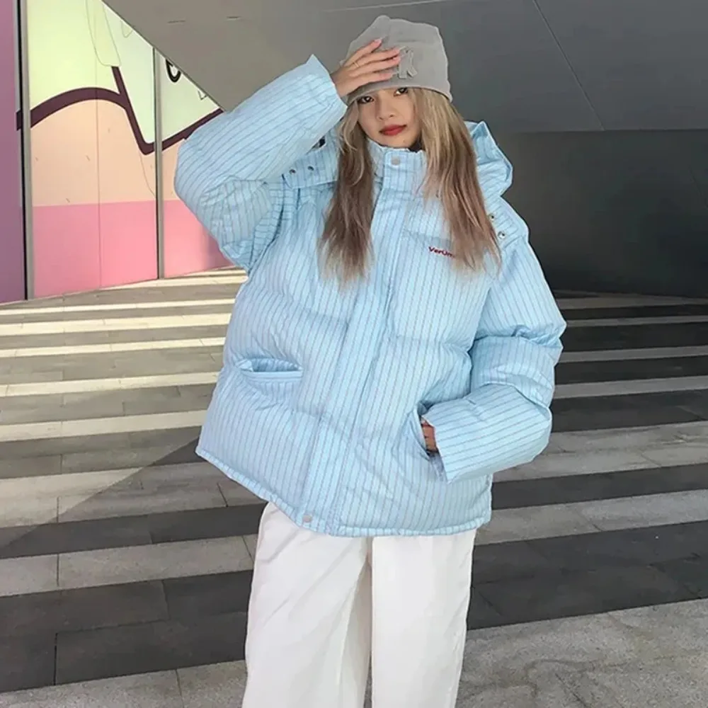 

Пальто 2025, новое модное темпераментное полосатое теплое женское стеганое хлопковое пальто с капюшоном, зимнее свободное повседневное женское хлопковое пальто