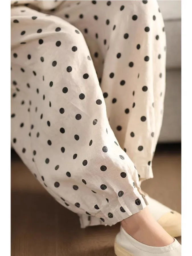 Pantalones de pierna ancha de lino y algodón con estampado Floral, pantalones holgados artísticos Retro rectos de nueve puntos, pantalones casuales de cintura alta para mujer