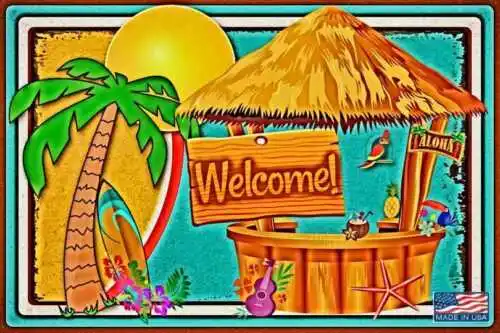 КАБЕАНА ПОСЛЕДОВАНИЕ СОВЕРШЕННО! МЕТАЛЛИЧЕСКАЯ ЗНАЧКА TIKI BAR ПЛЯЖА ГОРЯЧАЯ ТРУБ ALOHA LUAU-алюминий