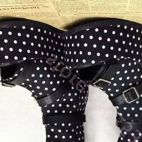 2026 New Black White Polka Dot Platform Wedge Mid Calf Boots Women Multi Buckle Open Toe Side Zipper Pocket Gothic Sandal Boots