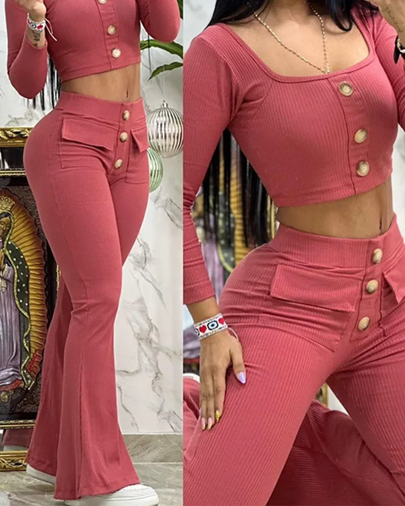 Casual Set for Women Summer New 2024 Fashion Printed Square Neck Buttoned Long Sleeved Top & Pocket Design Flared Pants Suit
