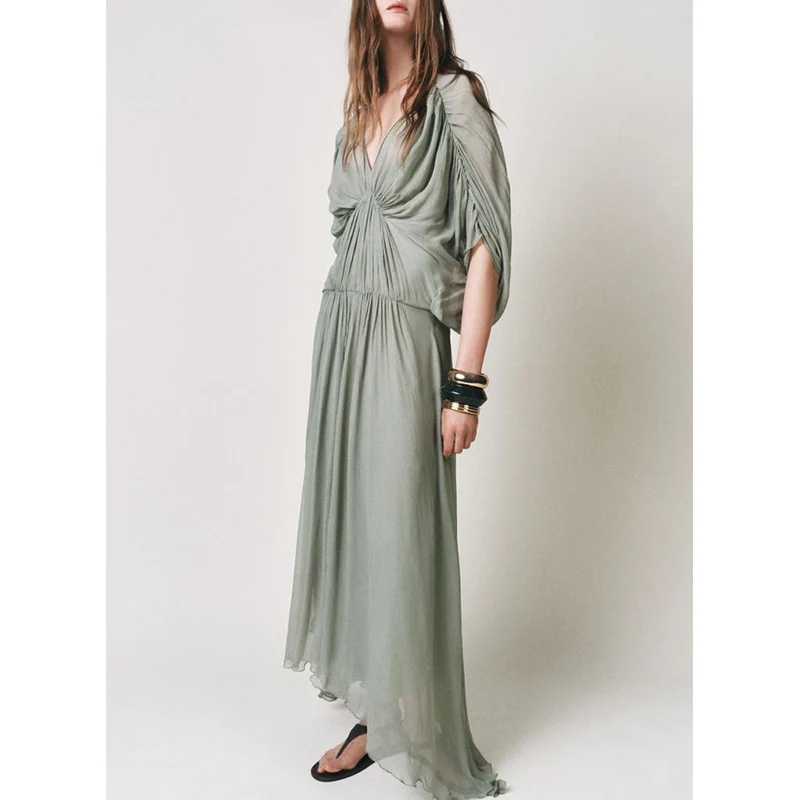 Summer Long Dr Asymmetrical Hem Cowl Ne Sve Gored V-ne Ele Long Dr Commute High Waist Polyester Fiber