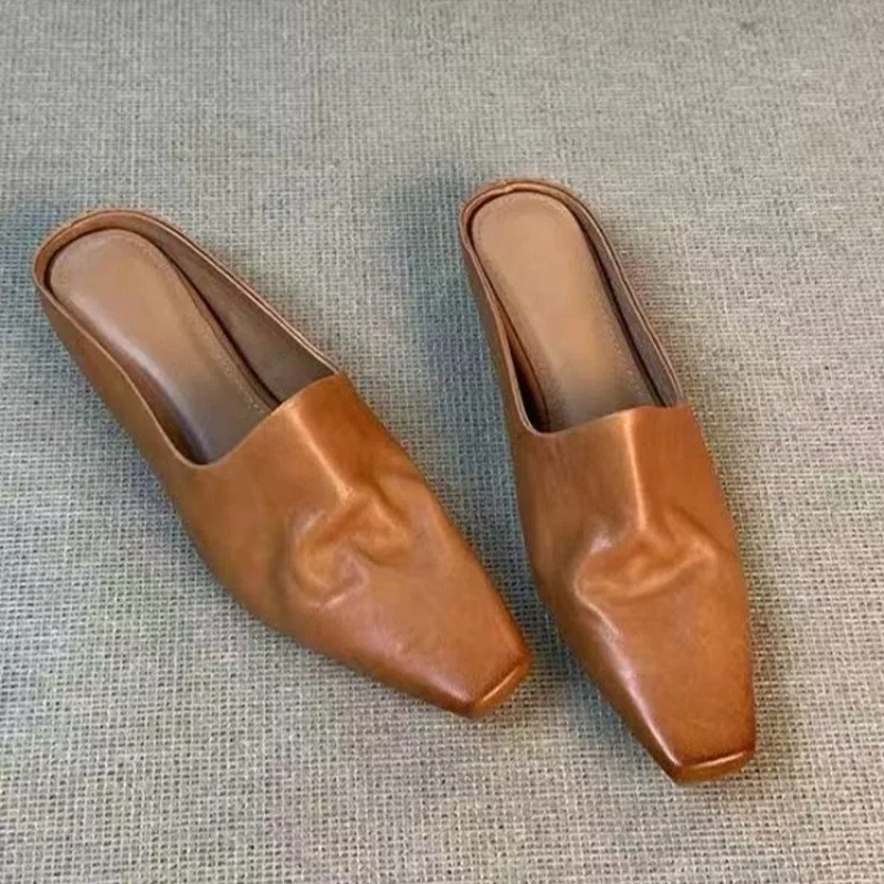 

French Baotou One-foot Slip-on Half Slippers for Women 2026 Small Square Toe Inner Heel Sandals