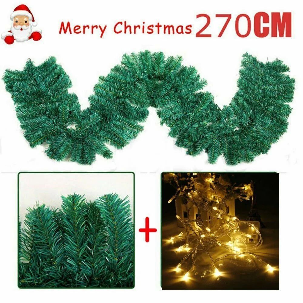 Kerstdecoratie Kunstrotan Grenen 2,7M LED Gesimuleerde Garland Krans Decor Spray Wit met verlichting