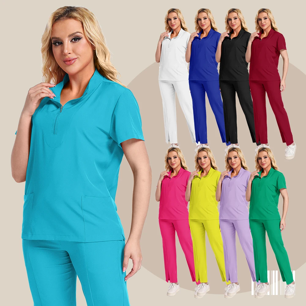 

Multi Color Tunic Spa Work Suit Nurses Hospital Uniform Scrub Sets Women Zipper Set Short Sleeve Medical Uniforms High Quality
