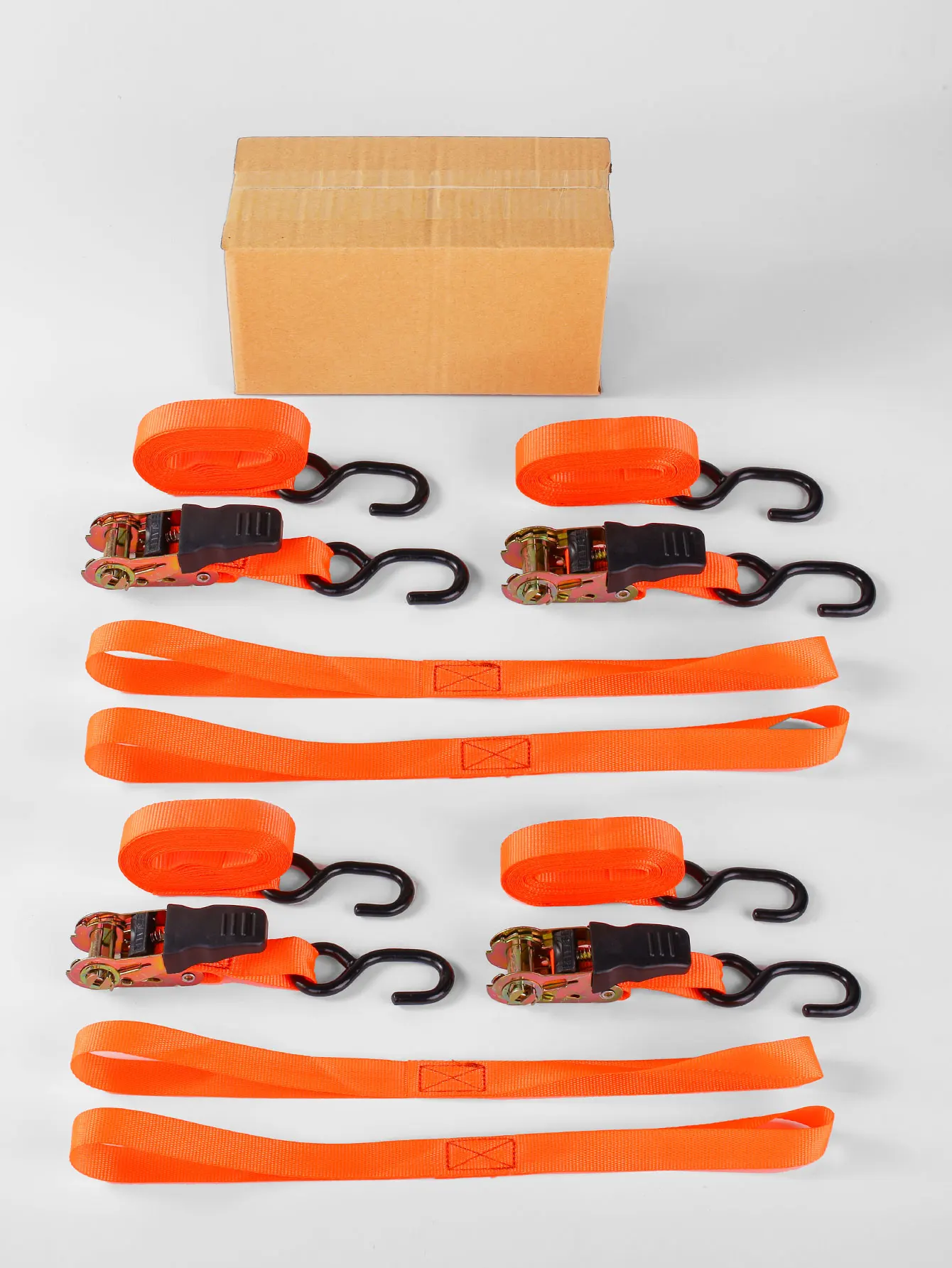 4 sets of orange ratchet tightener with steel hooks +4 short straps 2.5CM wide polyester webbing 5 meters long articles binding