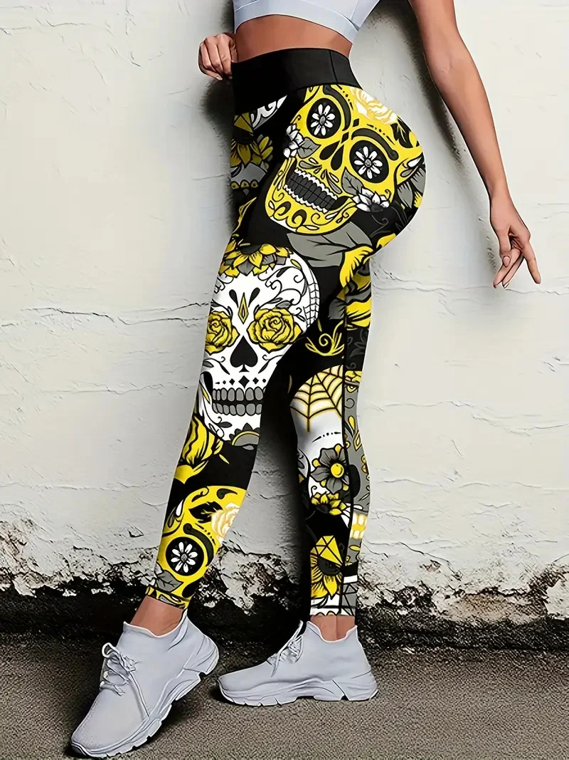 3D Printed Skull Graphic Women's Yoga Pants Fashion Cool Gothic Style Elastic Legging Outdoor Running Sports Casual Fitness Pant
