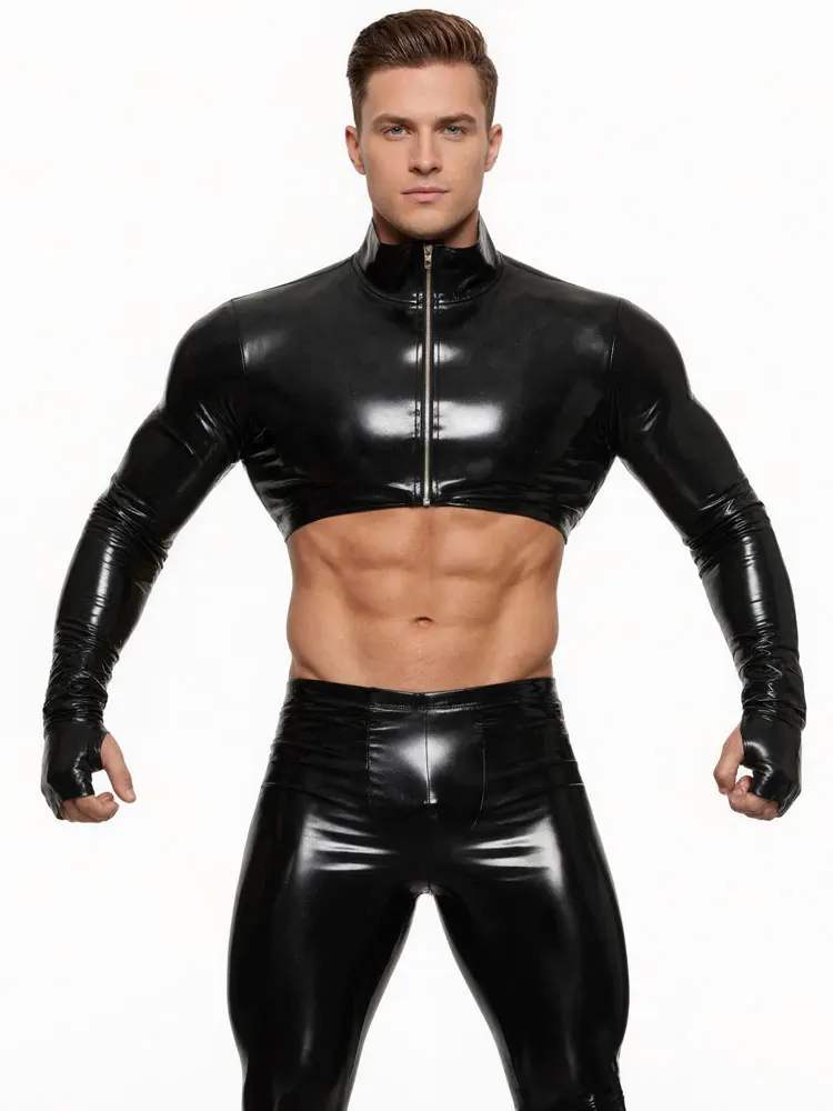 High Neck Crop Tops Long Sleeve Cloth Latex PVC Shiny Shaping Men's Slim T-shirts Sexy Nightclub Stage Man Tops Zipper Fashion