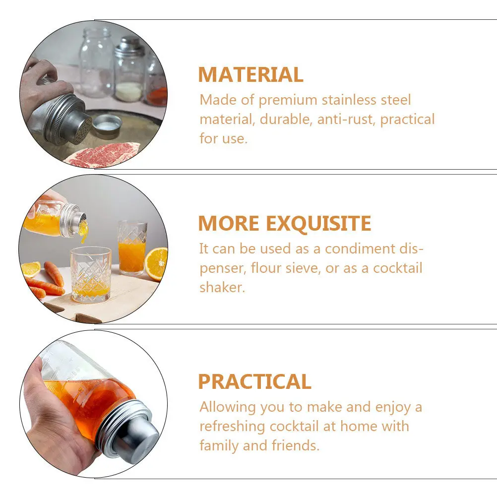4Pcs Stainless Steel Mason Jar Shaker Lids Regular Mouth Cocktail Shaking Lids for Salt Pepper Spice Storage Bar Mixing Kitchen