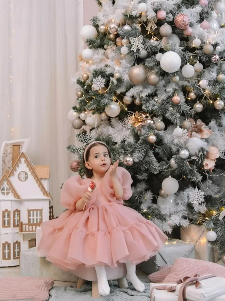 

Customized Cute Flower Girl Dress Tulle Puffy Bubble Sleeve Formal Gowns Princess Child First Eucharistic Birthday Party Dresses