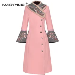 MARYYIMEI Fashion Designer Woolen coat Winter Women Rabbit fur collar Long sleeve Embroidery Elegant Keep warm Overcoat