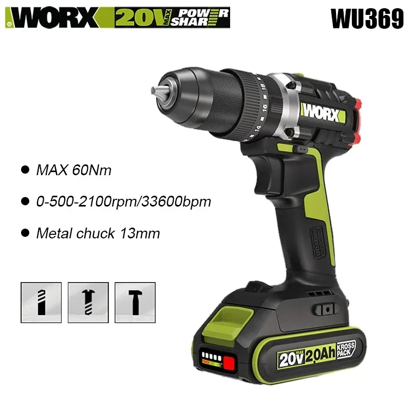 Аккумуляторная ударная дрель WORX WU369, 20 В, макс. 60 Нм, 2100 об/мин, 33600 об/мин, бесщеточный двигатель, многофункциональная, зеленая аккумуляторная платформа