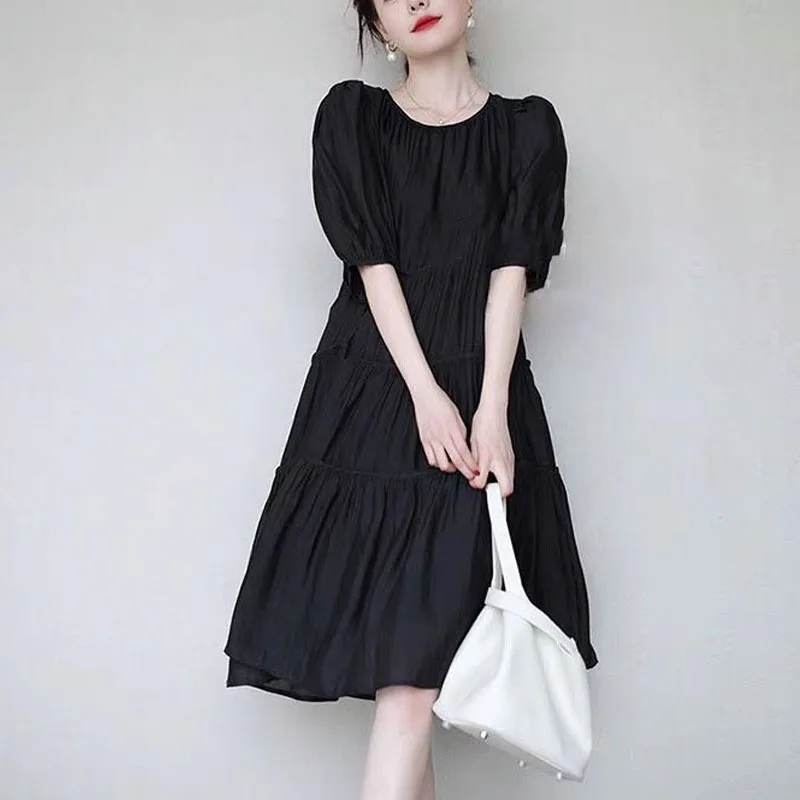 

Korean New Summer Women Round Neck Gloss Puff Sleeve Solid Color Short Sleeved Temperament Office Lady Fashion Texture Dress