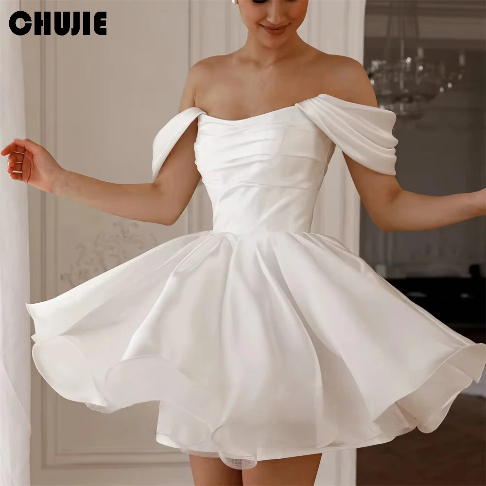 Modest Mini Wedding Dresses Simple Off Shoulder A Line Pleated Elegant Bridal Gown  Mini Graduation Cocktail Dress Customized