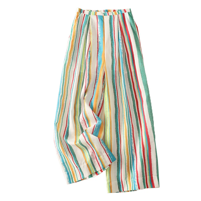 ハイウエストワイドレッグパンツ女性夏ボヘミアン長ズボンカラフルなストライプ痩身怠惰なスタイルビーチパンツ綿ブレンド