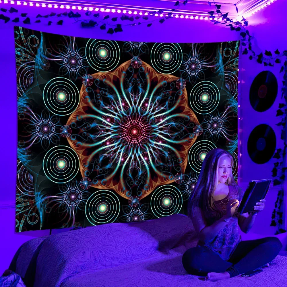 Black Light Tapestry UV Reaction Psychedelic Wall Hanging Hippie DJ Bedroom Dorm Indie Room Decor